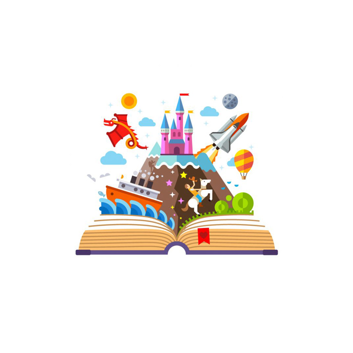 Book with castle, cowboy, space shuttle, boat and dragon