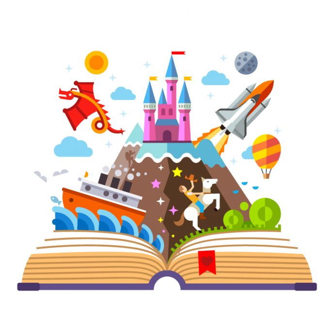 book with castle, boat, space shuttle, and dragon coming out of it