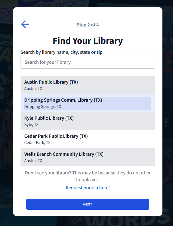 hoopla Find Your Library Screen