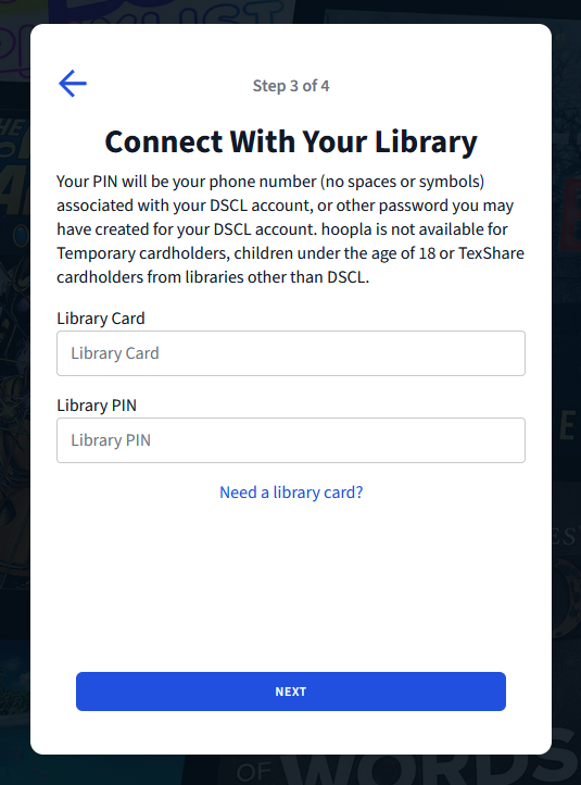 hoopla enter Library card information screen