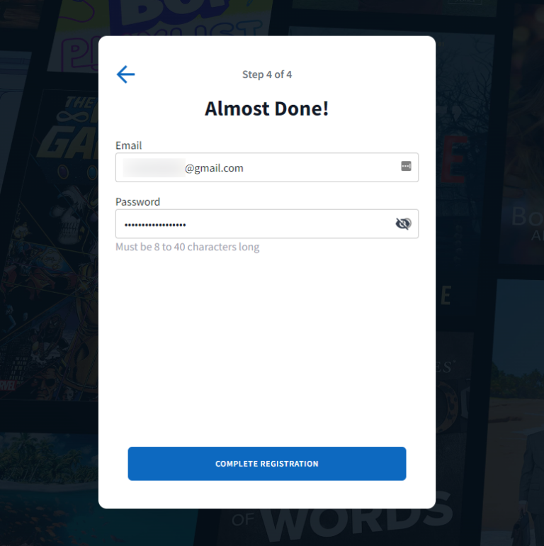 hoopla enter email, and create password screen.